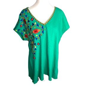 FINAL SALE Soft Surroundings Green Passion Flower Sequins Tee Cotton Boho Top L